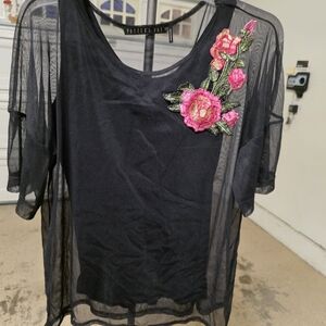 Potter's Pot Black Sheer Mesh Top with Pink Floral Embroidery
